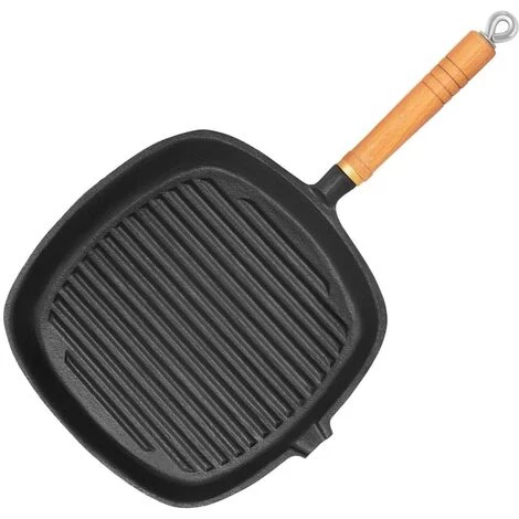ROYAL CATERING Poêle À Frire Carrée En Fonte À Grill Nervuré Manche Bois Bord 1 8 Cm 25X25 Cm - Noir 2 ROYAL CATERING Poêle À Frire Carrée En Fonte À Grill Nervuré Manche Bois Bord 1 8 Cm 25X25 Cm - Noir – Image 2