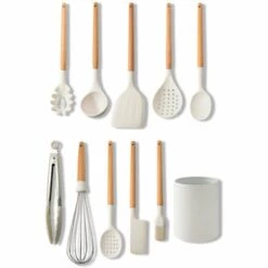 ASUPERMALL Batterie De Cuisine En Silicone De 10, Batterie De Cuisine Antiadhésive Résistante à La Chaleur Avec Manche En Bois, Y Compris Seau De Rangement