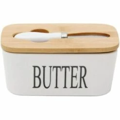 LITZEE Beurrier En Porcelaine Avec Couteau Et Couvercle En Bois Pour 250 G Blanc 16,5 X 10 X 7,5 Cm