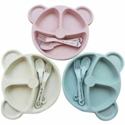 BRIDAY Lot De 3 Assiettes Enfant, Assiette Bébé, Assiette Enfant Vaisselle Enfant Stable Passe Au Lave-vaisselle Et Au Micro-ondes Avec Cuillère Et Fourchette