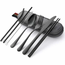 Kueatily 8 Pièces Couverts De Camping, Couverts De Table Acier Inoxydable,Voyage Avec étui Portable Acier Inoxydable Table Couverts Avec Organiseur Pour Pique-Nique Maison Cuisine école Lunch Box(Noir)