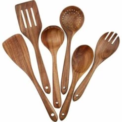ABCRITAL Batterie De Cuisine En Bois, Ensemble De 6 Pièces, Ensemble D'Ustensiles De Cuisine, Batterie De Cuisine Antiadhésive, Spatule, Fourchette, Spatule Fendue, Cuillère À Soupe, Louche