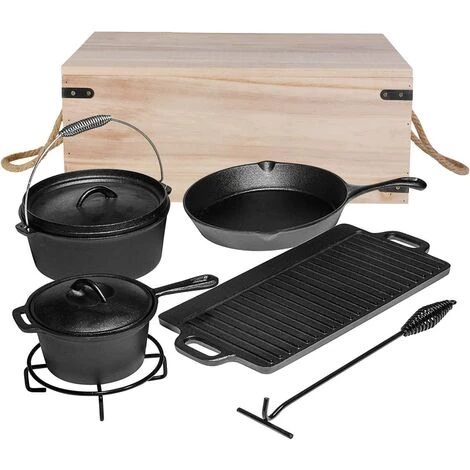 PEDY 7 Pièces Dutch Oven Set Avec Boîte De Bois Fours Hollandais D'extérieur Kit Marmite En Font Four, Casserole, Poêle, Plaque De Cuisson, Trépied Et Crochet Inclus 1 PEDY 7 Pièces Dutch Oven Set Avec Boîte De Bois Fours Hollandais D'extérieur Kit Marmite En Font Four, Casserole, Poêle, Plaque De Cuisson, Trépied Et Crochet Inclus
