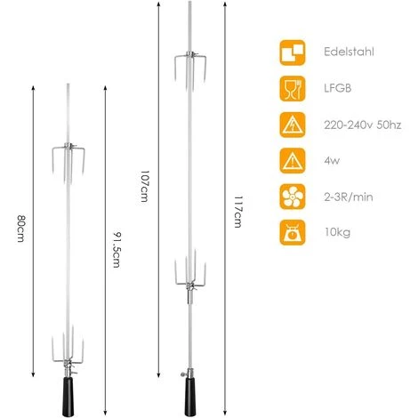 BAMNY 107CM BBQ Tourne Broche En Acier Inoxydable, Set De Broche à Griller, électrique Automatique Rotatif, Avec Moteur 4W 220-240V 50Hz, Certification CE, LFGB 2 BAMNY 107CM BBQ Tourne Broche En Acier Inoxydable, Set De Broche à Griller, électrique Automatique Rotatif, Avec Moteur 4W 220-240V 50Hz, Certification CE, LFGB – Image 2