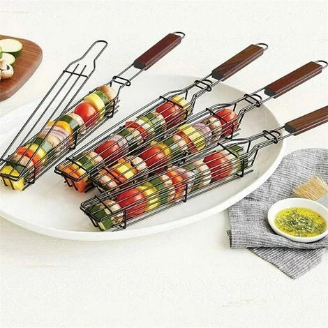 Lot De 4 Paniers De Barbecue Avec Grille Verrouillable à Long Manche En Bois - Antiadhésifs - En Acier Inoxydable - Pour Barbecue, Poissons, Légumes, Saucisses, Oignons GrooFoo 2 Lot De 4 Paniers De Barbecue Avec Grille Verrouillable à Long Manche En Bois - Antiadhésifs - En Acier Inoxydable - Pour Barbecue, Poissons, Légumes, Saucisses, Oignons GrooFoo – Image 2