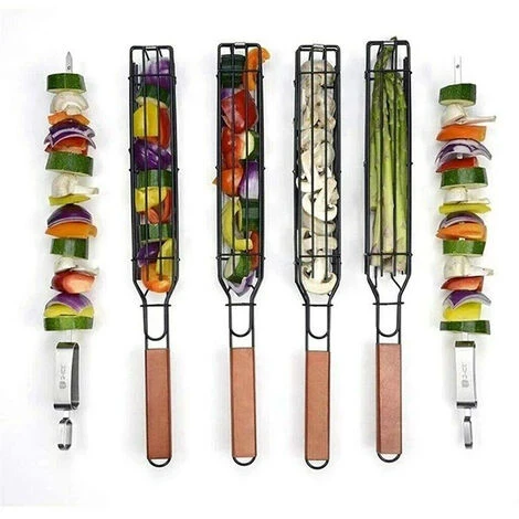 Lot De 4 Paniers De Barbecue Avec Grille Verrouillable à Long Manche En Bois - Antiadhésifs - En Acier Inoxydable - Pour Barbecue, Poissons, Légumes, Saucisses, Oignons GrooFoo 3 Lot De 4 Paniers De Barbecue Avec Grille Verrouillable à Long Manche En Bois - Antiadhésifs - En Acier Inoxydable - Pour Barbecue, Poissons, Légumes, Saucisses, Oignons GrooFoo – Image 3