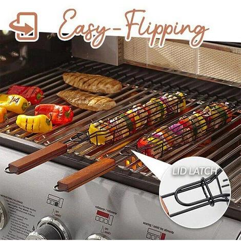 Lot De 4 Paniers De Barbecue Avec Grille Verrouillable à Long Manche En Bois - Antiadhésifs - En Acier Inoxydable - Pour Barbecue, Poissons, Légumes, Saucisses, Oignons GrooFoo 4 Lot De 4 Paniers De Barbecue Avec Grille Verrouillable à Long Manche En Bois - Antiadhésifs - En Acier Inoxydable - Pour Barbecue, Poissons, Légumes, Saucisses, Oignons GrooFoo – Image 4