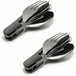 LONGZIMING Couverts De Voyage 2 Pièces Set Portable 4 En 1 Plats Molette Couteau à Poignée En Aluminium, Fourchette, Cuillère, Ouvre-Bouteille
