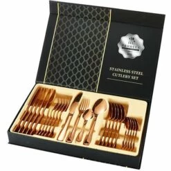 ZHUOXUAN Ménagères Couverts De Table Or En Acier Inoxydable , Cuillère, Couteau Et Fourchette Cuisine De Pour 6 Personnes Avec Coffret/Boîte Cadeau 24pcs