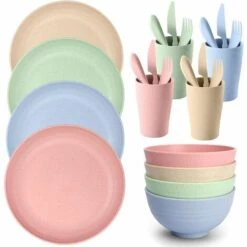 Kartokner Kit De Camping Vaisselle, 24pcs, Couverts Set De Pique-Nique, Comprend Assiettes Bols Tasses Fourchettes Etc. Pour Camping, Randonnée, Pêche Et Pique-Nique, Pour 4 Personnes