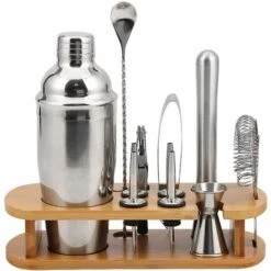 GDRHVFD Kit De Barman Cocktail Shaker Set, Ensemble D'Outils De Barre En Acier Inoxydable 10 Pièces Avec Support En Bambou, Accessoires De Barre De Mélange De Boissons
