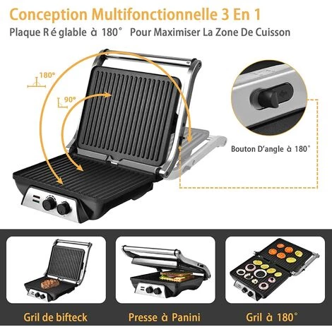 COSTWAY Appareil à Croque Monsieur 2000W Plaque Antiadhésive Thermostat,Minuterie Grill En Acier Inoxydable Bac D'Egouttage Amovible 2 COSTWAY Appareil à Croque Monsieur 2000W Plaque Antiadhésive Thermostat,Minuterie Grill En Acier Inoxydable Bac D'Egouttage Amovible – Image 2
