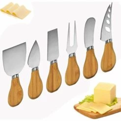 KARTOKNER Ensemble De 6 Couteaux à Fromage En Acier Inoxydable Et Spatule Pour Fourchette à Fromage Avec Manche En Bambou Pour Cuisiner Dans La Cuisine (Ensemble De Six Pièces En Chêne)