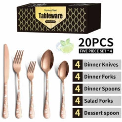 DECKON 20 Pièces Ensemble De Couverts En Acier Inoxydable, Set De Couverts En Argenterie, Set, Service De Table, Service Pour 5, Acier Inoxydable Motif Doré -Accessoires de barbecue Soldes 57021198 3