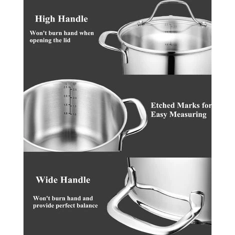 DECEN Batterie De Cuisine Induction 6 Pièces, Casseroles Pour Avec Couvercle En Verre Cromargan En Acier Inoxydable Poli Et Sans Revêtement, Résistant Au Lave-vaisselle 5 DECEN Batterie De Cuisine Induction 6 Pièces, Casseroles Pour Avec Couvercle En Verre Cromargan En Acier Inoxydable Poli Et Sans Revêtement, Résistant Au Lave-vaisselle – Image 5