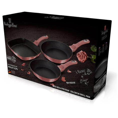 BERLINGERHAUS Berlinger Haus I-Rose Set De 2 Poêles à Frire 1 Grill Induction 20-24-28cm Aluminium, Antiadhésif Rose - Rose 4 BERLINGERHAUS Berlinger Haus I-Rose Set De 2 Poêles à Frire 1 Grill Induction 20-24-28cm Aluminium, Antiadhésif Rose - Rose – Image 4
