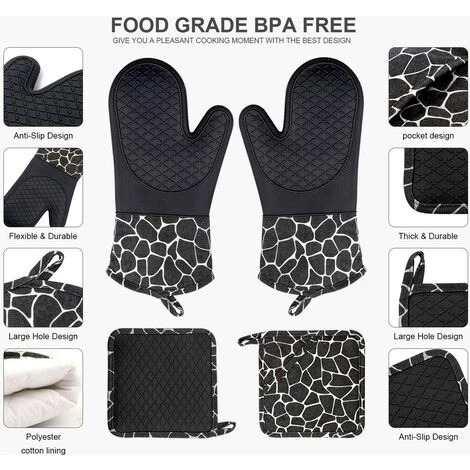 HKLFFJA Silicone Gants De Cuisine, Gants De Barbecue Résistant à Chaleur 1 Paire Et 2 Maniques, Parfait Pour Grill BBQ Cuisine Four De Cuisson (Black) 2 HKLFFJA Silicone Gants De Cuisine, Gants De Barbecue Résistant à Chaleur 1 Paire Et 2 Maniques, Parfait Pour Grill BBQ Cuisine Four De Cuisson (Black) – Image 2