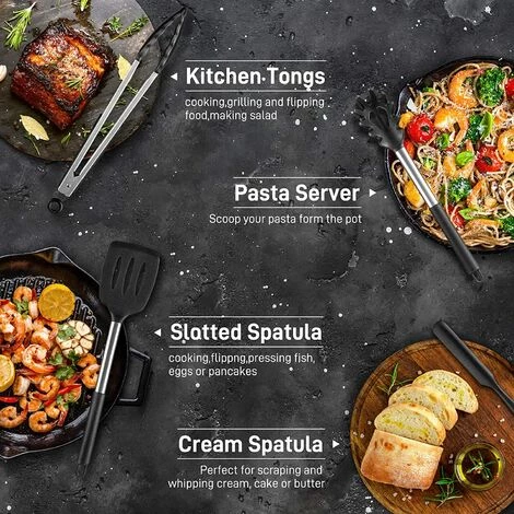 KAEJYIUT Ustensiles De Cuisine Silicone Inox Noir 22 Pcs , Ustensiles Cuisine Accesoires Cuisines Spatule Cuisines Ciseaux Cuillère De Cuisines , Sans BPA Antiadhésif Résistant Aux Rayures Chaleurs 4 KAEJYIUT Ustensiles De Cuisine Silicone Inox Noir 22 Pcs , Ustensiles Cuisine Accesoires Cuisines Spatule Cuisines Ciseaux Cuillère De Cuisines , Sans BPA Antiadhésif Résistant Aux Rayures Chaleurs – Image 4