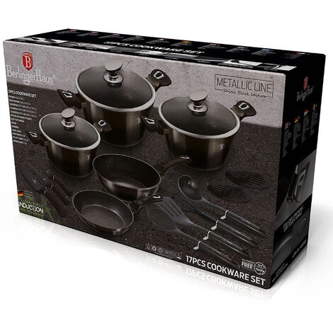 BERLINGERHAUS Berlinger Haus Shyny Black Batterie De Cuisine à Induction 17 Pièces Aluminium Antiadhésif Sans PFOA Noir - Noir 2 BERLINGERHAUS Berlinger Haus Shyny Black Batterie De Cuisine à Induction 17 Pièces Aluminium Antiadhésif Sans PFOA Noir - Noir – Image 2