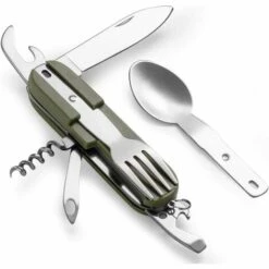 MODOU Ensemble D'ustensiles De Camping 7 En 1, Ensemble De Couteaux Fourchette Cuillère En Acier Inoxydable, Ensemble D'ustensiles De Camping Pliable, Ensemble D'ustensiles De Cuisine Multifonctions