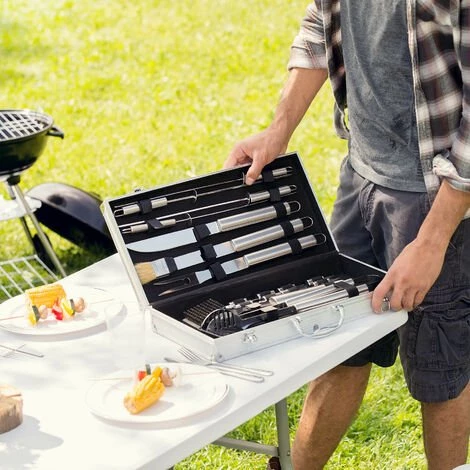 TECTAKE Kit Barbecue 18 Ustensiles En Acier Inoxydable + Mallette De Rangement 47 Cm X 8 Cm X 22 Cm - Gris 3 TECTAKE Kit Barbecue 18 Ustensiles En Acier Inoxydable + Mallette De Rangement 47 Cm X 8 Cm X 22 Cm - Gris – Image 3